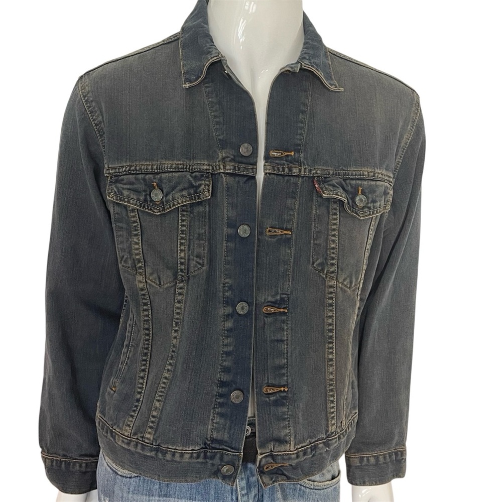 Vintage Levis Strauss & Co Trucker Dark Denim Jacket Contrast Brown Stitching